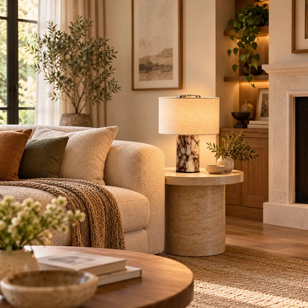 Lessa Marble-Style Table Lamp with Fabric Shade