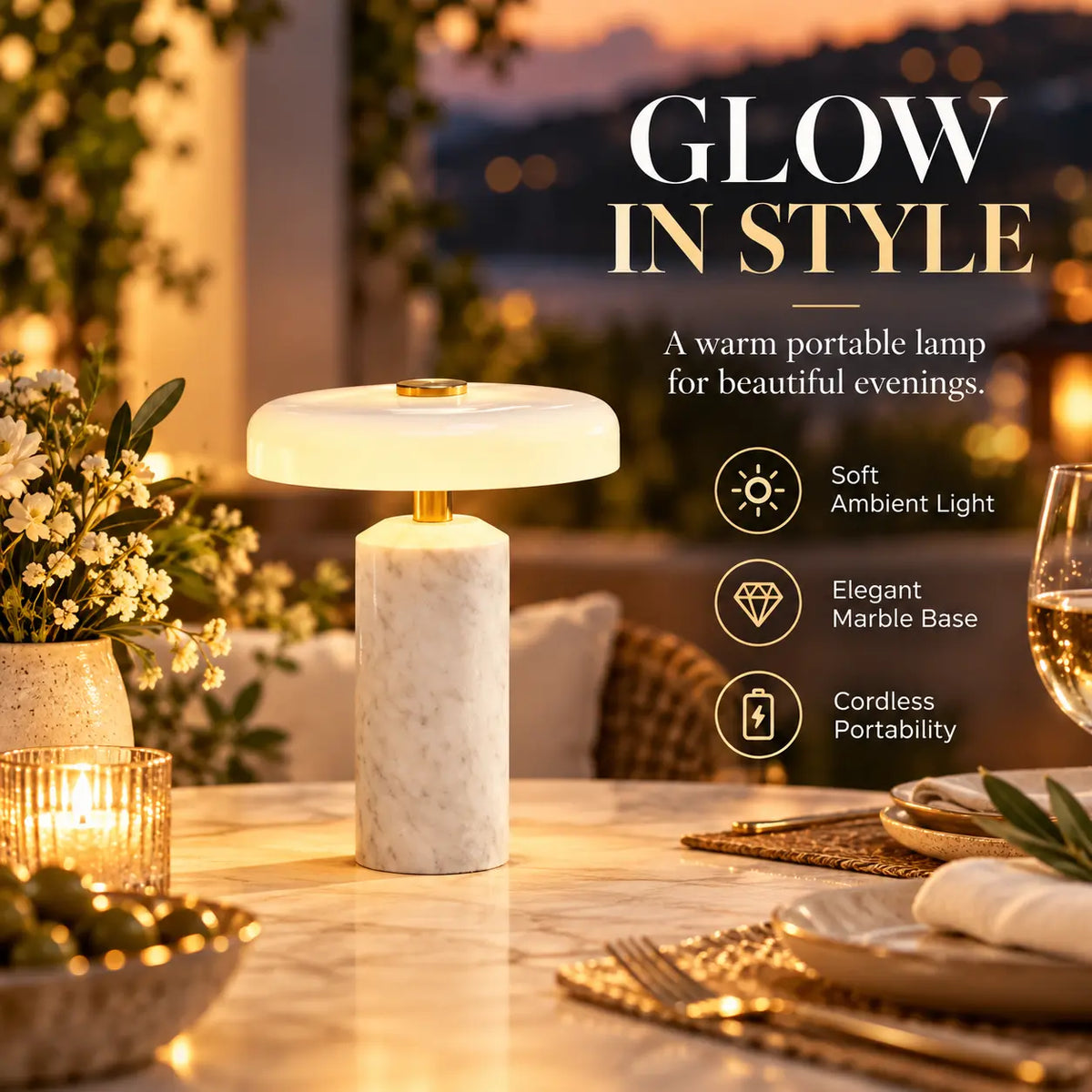 Doria Marble-Style Cordless Table Lamp