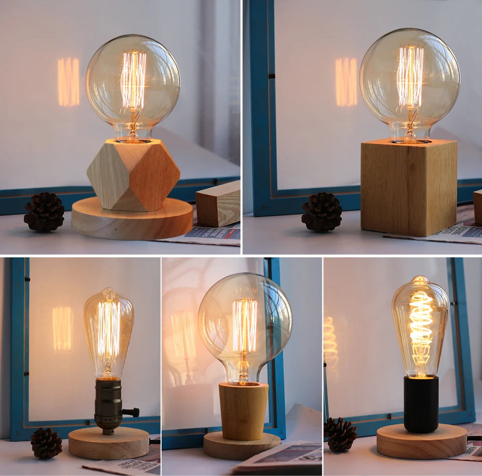 Modern Wood Table Lamp Retro E27 Desk Deco Light Indoor Art Lamps Living Room Bedroom Bedside Decoration Bar Lights Base EU Plug