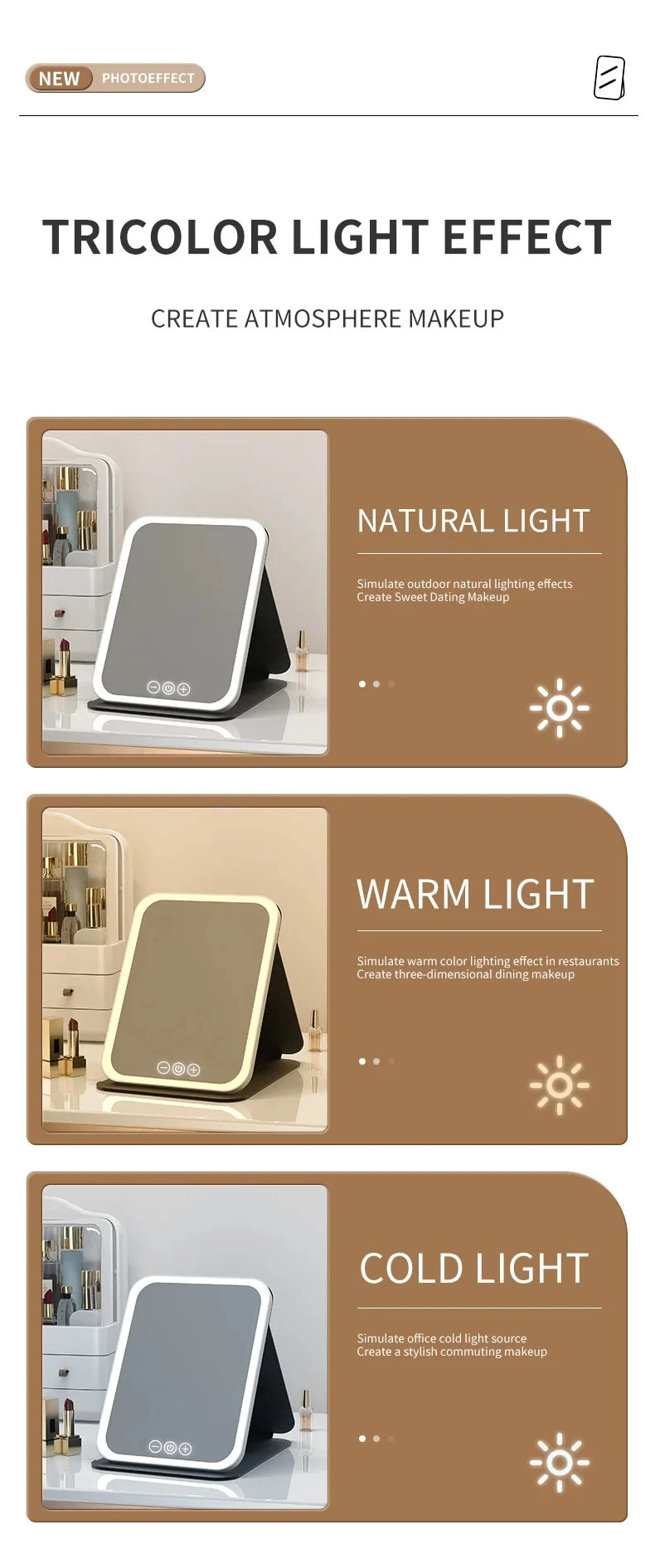 USB Rechargeable 3 Colors LED Makeup Mirror Pocket Mirror Touch Dimmable 3 Brightness Foldable for Travel Office Home