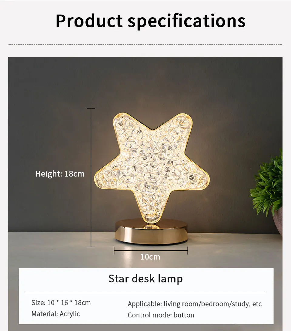 LED Moon Night Light USB Charging Touch Control Diamond Crystal Desk Lamp Bedside Ambient Table for Home Bedroom Decoration