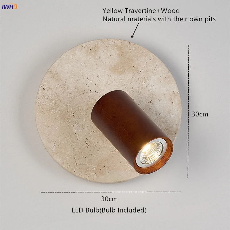 IWHD Modern LED Wall Lamp Yellow Travertine Glass Lampshade Wall Light Indoor Room Decoration Bedside Lighting Applique Murale