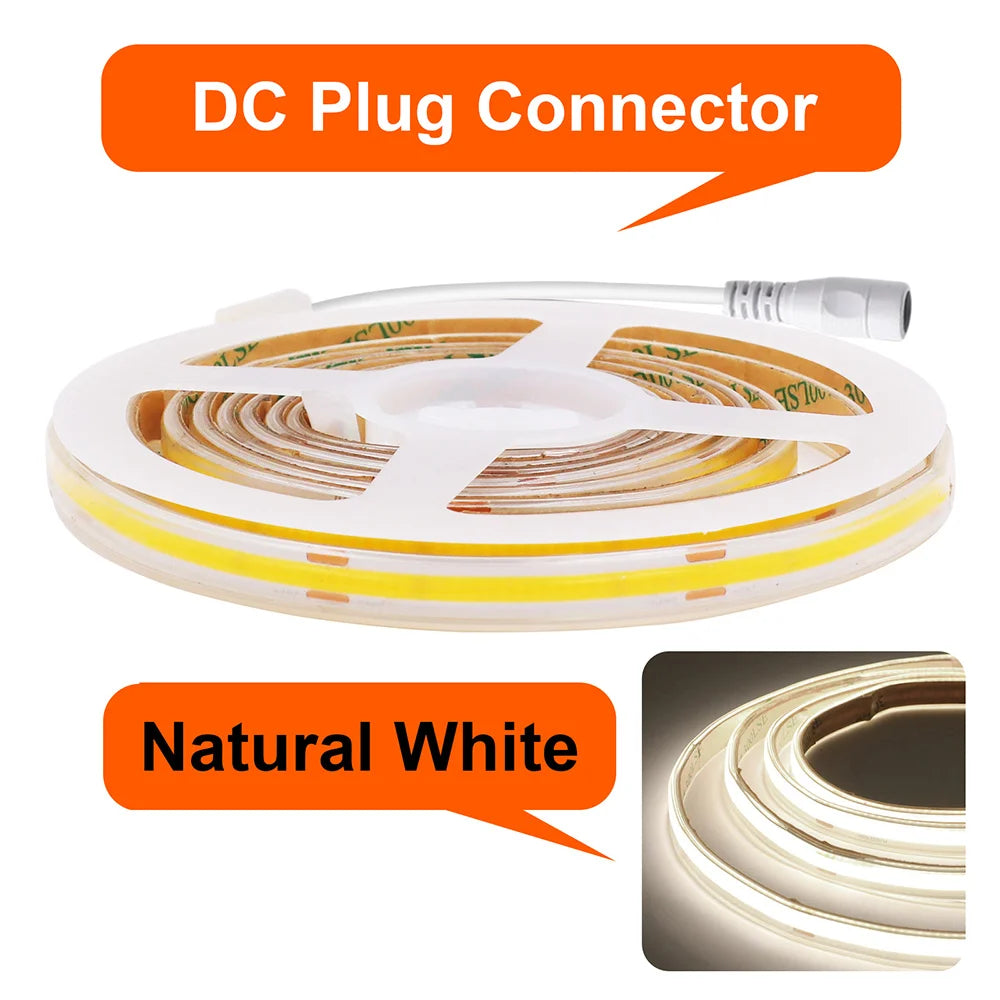 12V / 24V COB LED Strip – 480 LEDs/m, IP67 Options – DC Plug Natural / 12V 2m