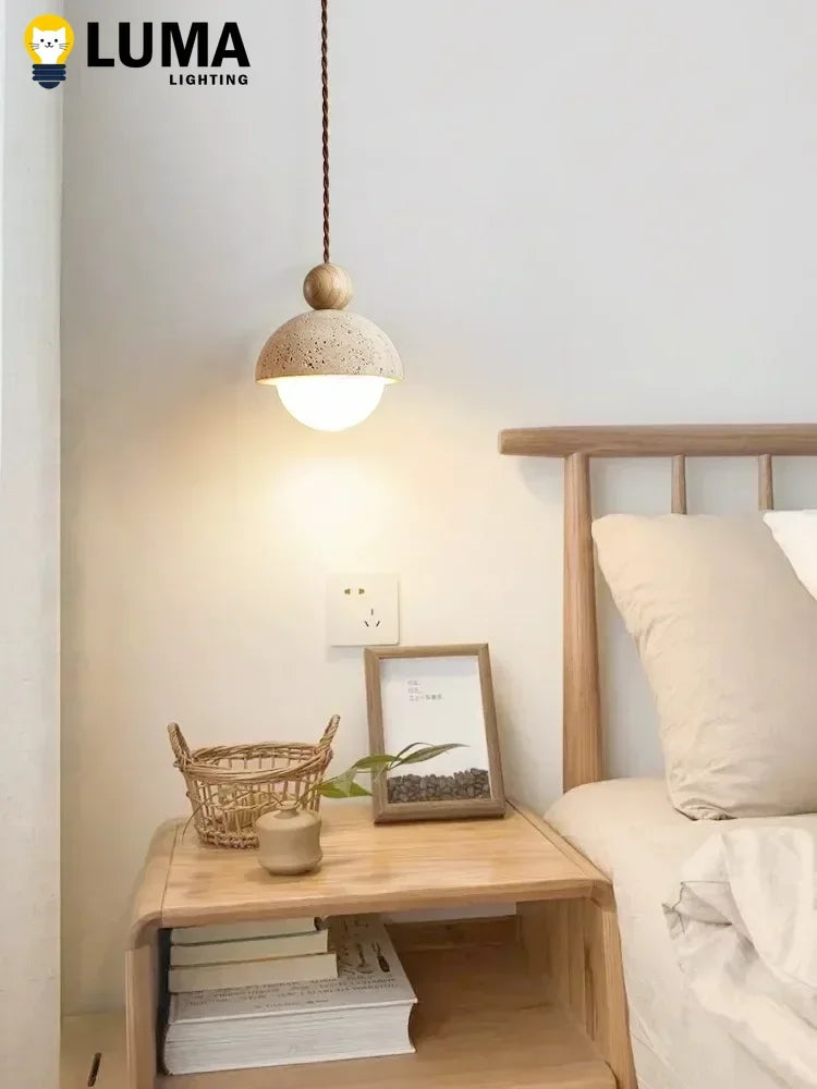 Luma Japanese Style Yellow Travertine Pendant Light, Wabi-Sabi Stone Chandeliers for Kitchen Island Bedroom Bedside Home Decor