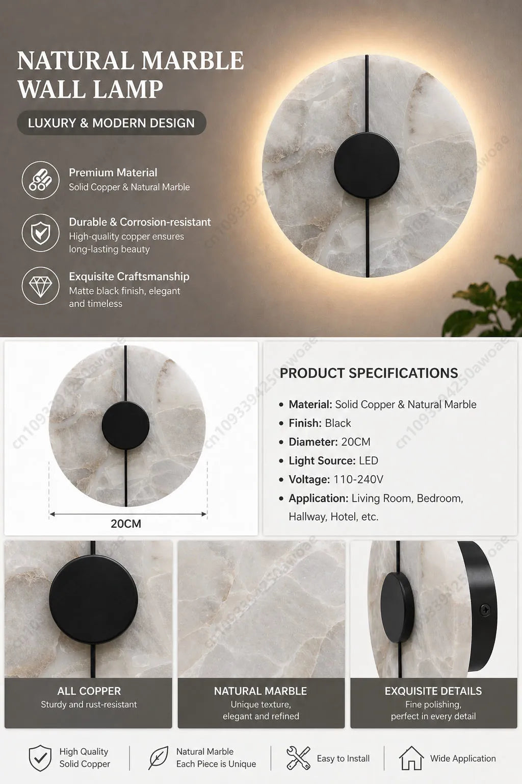 Modern Luxury Creative Natural Marble Copper Wall Light - Alabaster Marble Wall Sconce for Bedroom Bedside Living Room Aisle