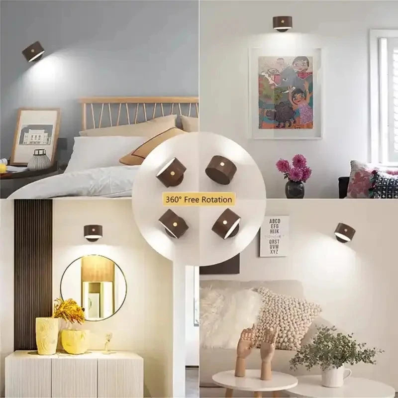 Wooden Indoor Bedroom Living Room Wall Mounted Lamp Down Touch Usb Charging 360 Degree Rotating Magnetic Sconce Light