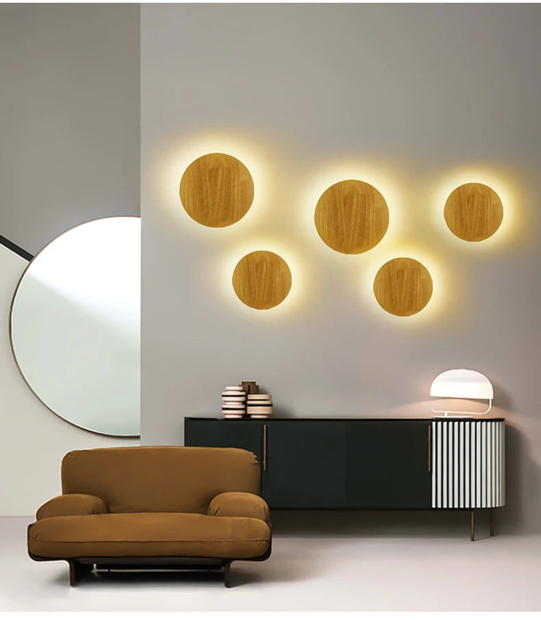 Nordic LED Wall Light Modern Original LED Circular Wooden Wall Light Personalized Bedside Bedroom Staircase Wall Hanging Light