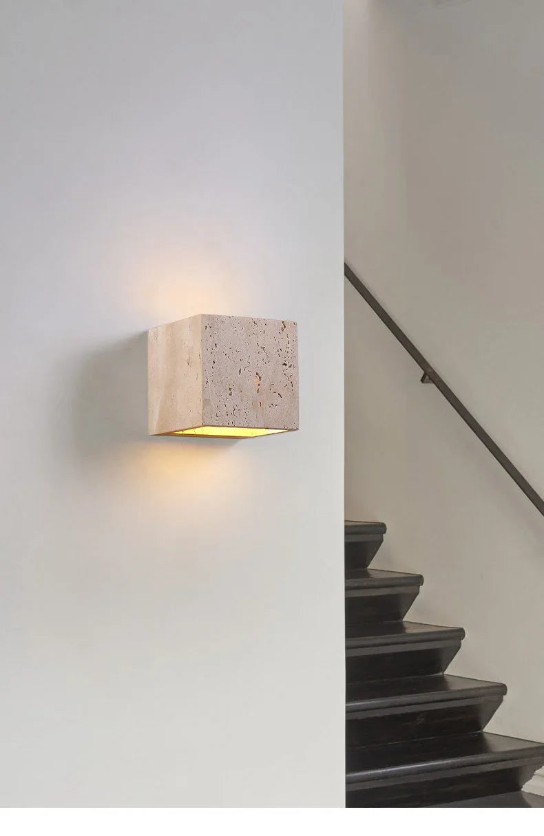 Luma Square Shape Yellow Travertine Wall Lamp for Outdoor Waterproof Courtyard Sconce Hallway Stairs Bathroom Stone Wall Lamp