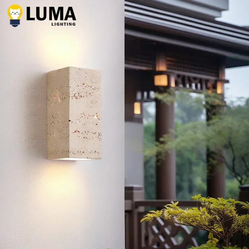 Luma Square Shape Yellow Travertine Wall Lamp for Outdoor Waterproof Courtyard Sconce Hallway Stairs Bathroom Stone Wall Lamp