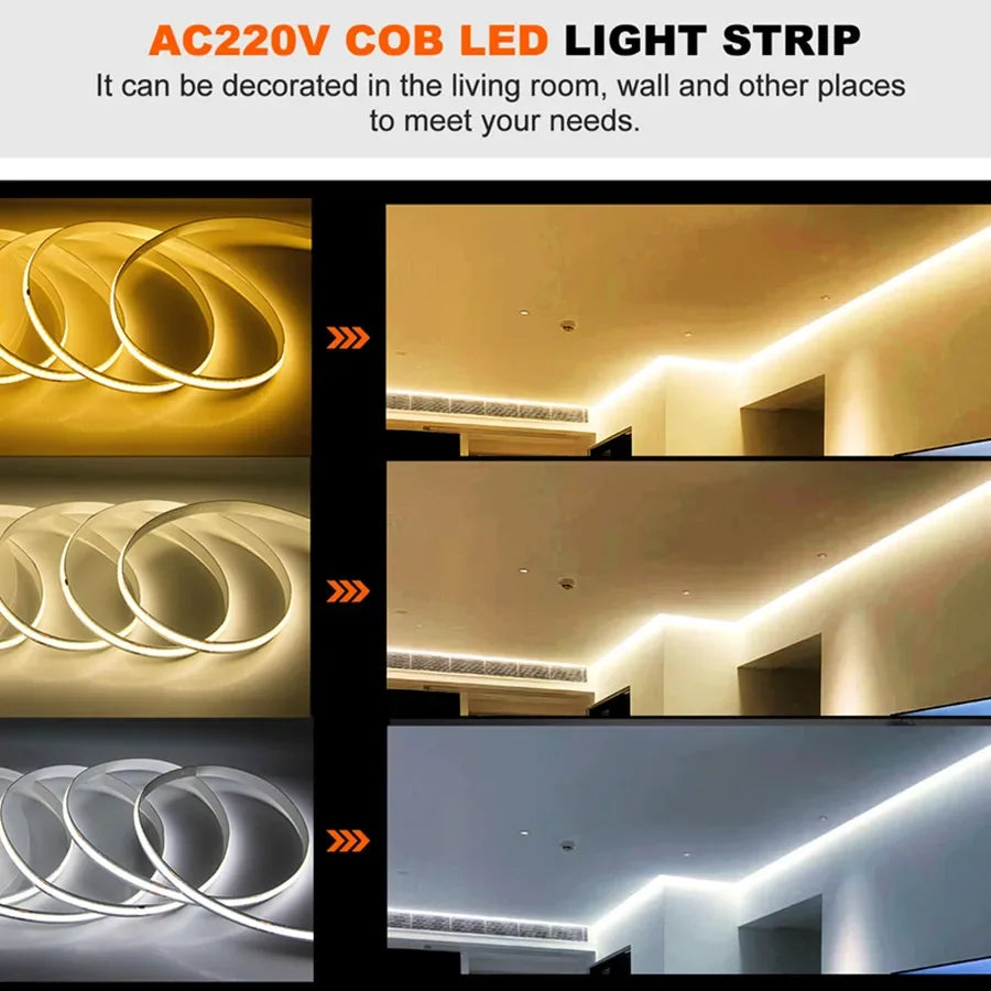220V COB LED Strip Light Flexible Tape Lights Smart IC No Need Driver High Bright 240 LEDs Linear Lighting RA95 Warm White 1-5m