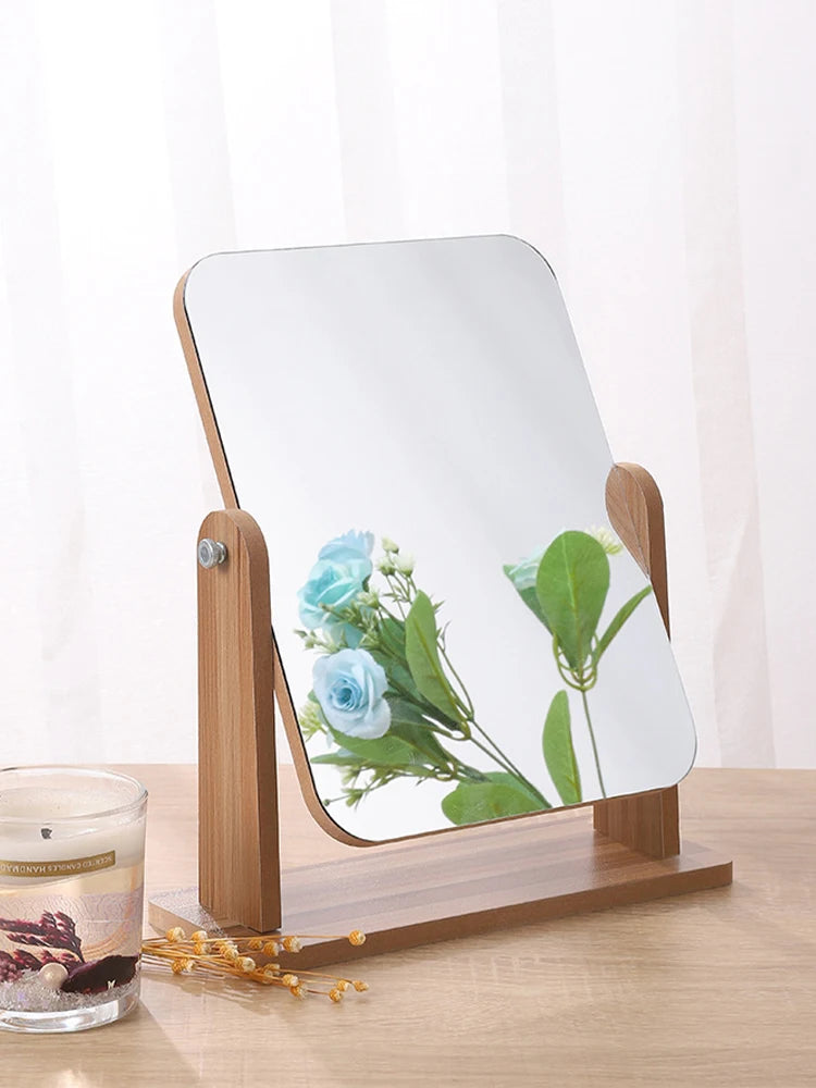 Dresser Vanity Makeup Mirror with Wood Stand, 360 Degree Rotating Compact Cosmetic Mirror, Portable Counter-top Mirror Bath Gift