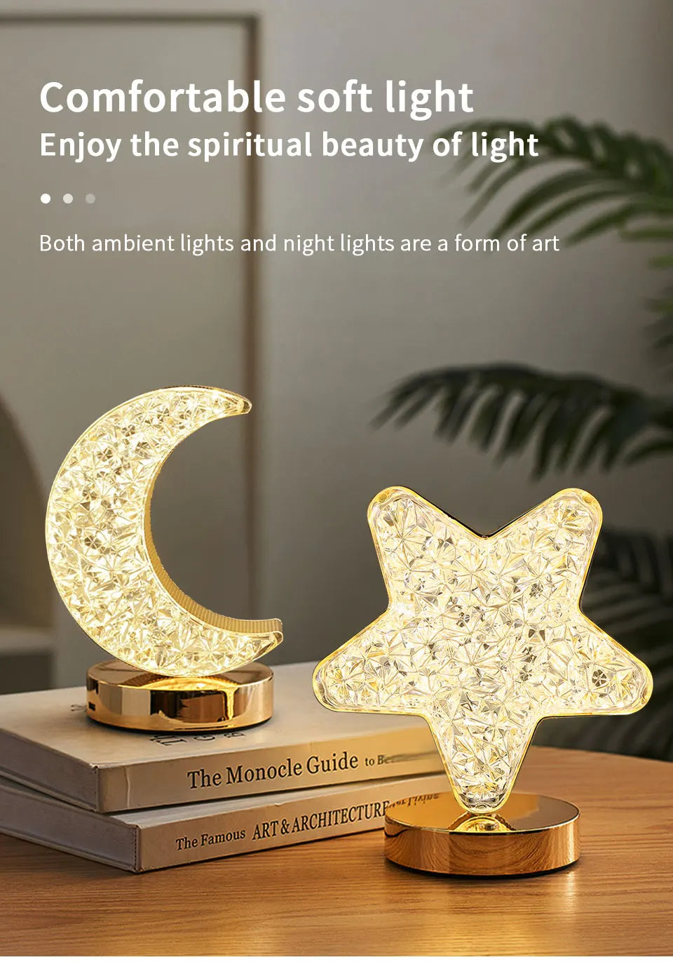 LED Moon Night Light USB Charging Touch Control Diamond Crystal Desk Lamp Bedside Ambient Table for Home Bedroom Decoration