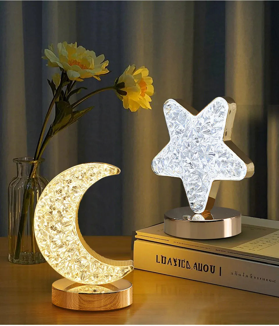 LED Moon Night Light USB Charging Touch Control Diamond Crystal Desk Lamp Bedside Ambient Table for Home Bedroom Decoration