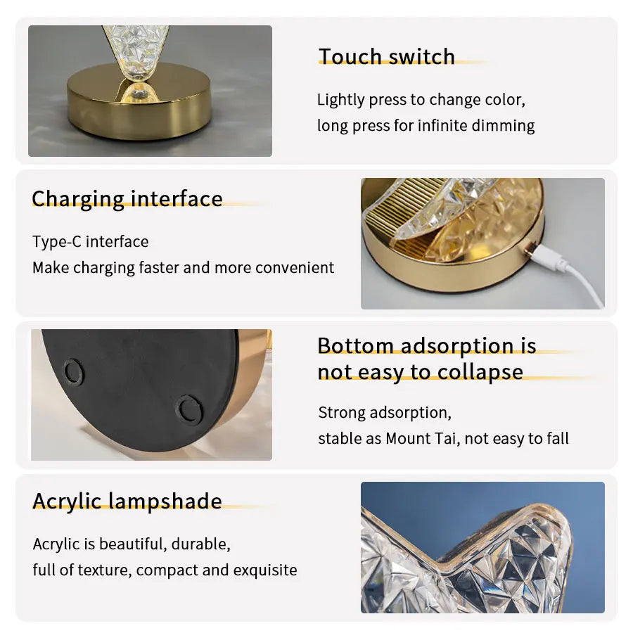 LED Moon Night Light USB Charging Touch Control Diamond Crystal Desk Lamp Bedside Ambient Table for Home Bedroom Decoration