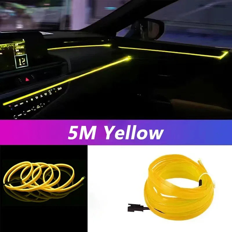5M Car Interior LED Strip Light EL Wire Neon Ambient Lighting USB Flexible Decoration DIY Auto Party Atmosphere Lamp Diode