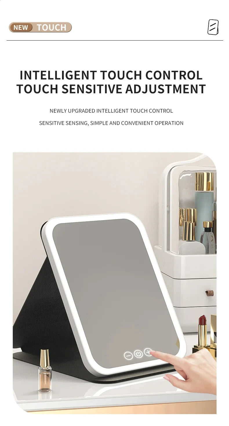 USB Rechargeable 3 Colors LED Makeup Mirror Pocket Mirror Touch Dimmable 3 Brightness Foldable for Travel Office Home