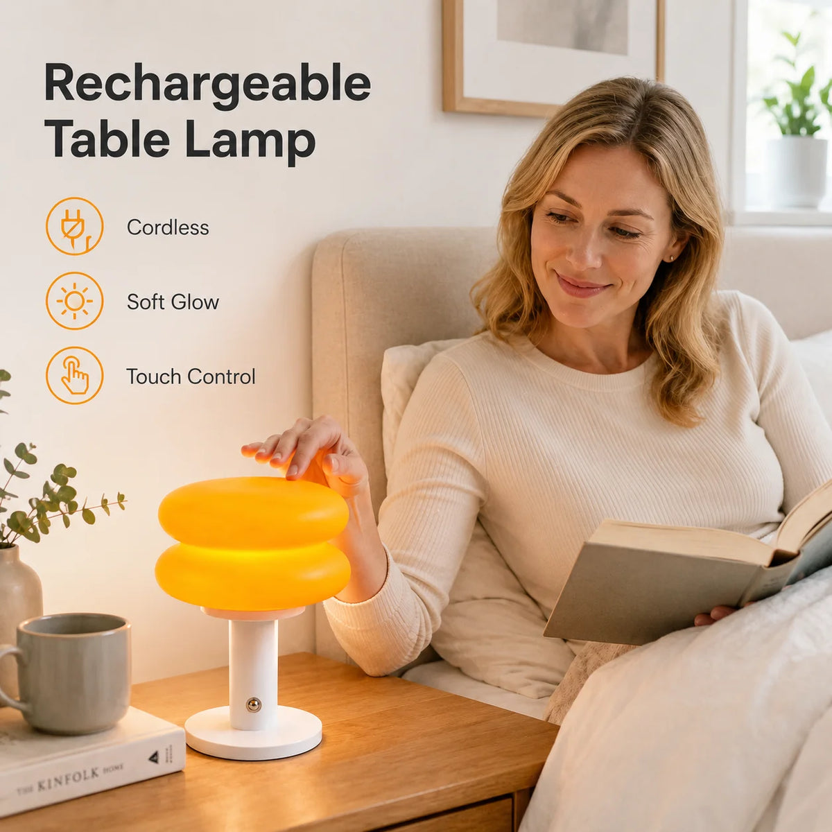 Bauhaus Table Lamp Plastic Lampshade Bedroom Bedside Living Room Nordic Mushroom Lamp 9-Level Brightness Dimming Ambient Light