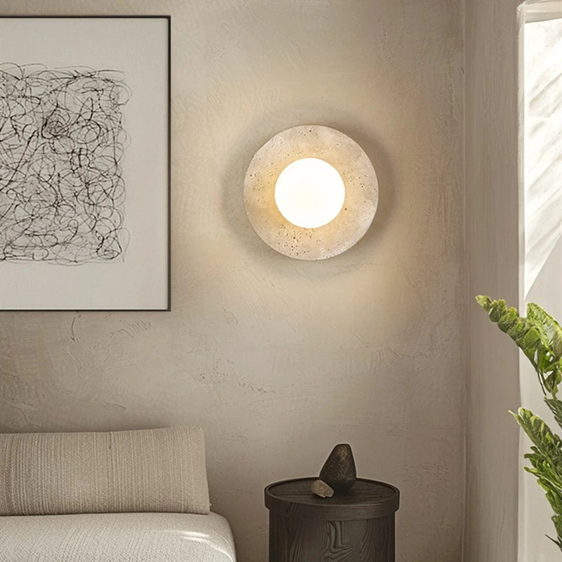 IWHD Modern LED Wall Lamp Yellow Travertine Glass Lampshade Wall Light Indoor Room Decoration Bedside Lighting Applique Murale