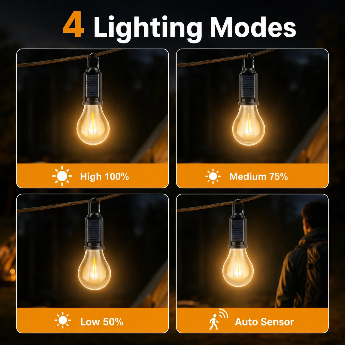 Solar Camping Light Bulb USB Rechargeable Hanging Tent Lamp Waterproof Portable Outdoor Lantern for Camping BBQ Garden Decor