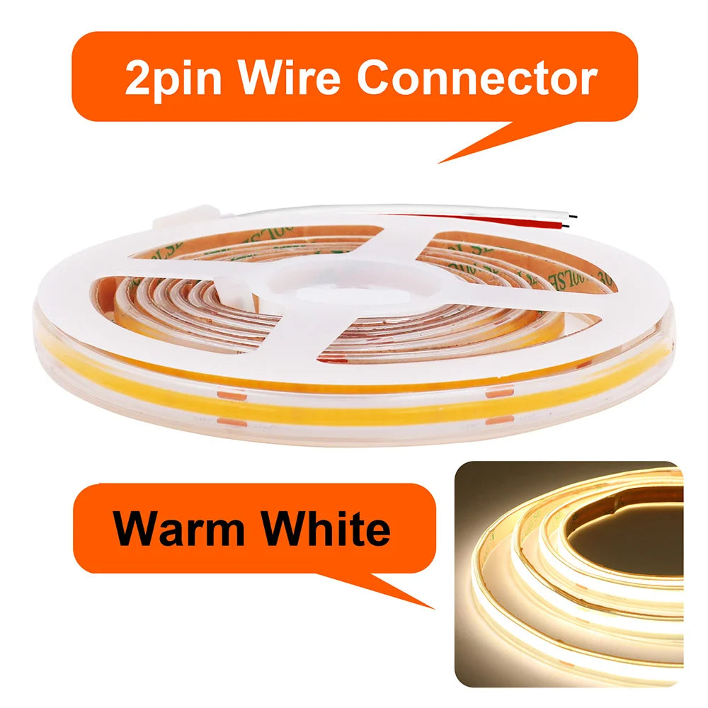 12V / 24V COB LED Strip – 480 LEDs/m, IP67 Options – 2pin Wire Warm / 12V 2m