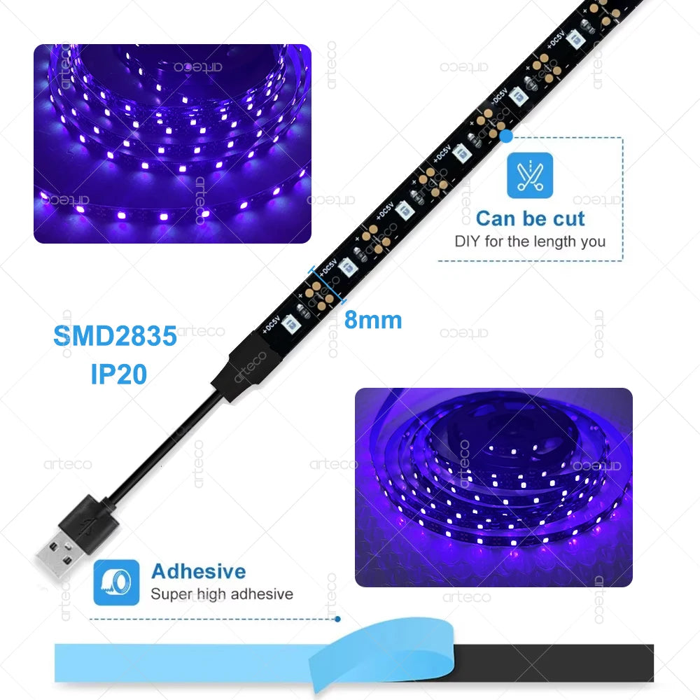 USB UV LED Strip Light Glow in Dark Led Blacklight 385-400nm Ultraviolet UV Lamp For Halloween Fluorescence Party Neon Posters