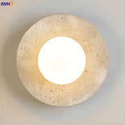 IWHD Modern LED Wall Lamp Yellow Travertine Glass Lampshade Wall Light Indoor Room Decoration Bedside Lighting Applique Murale