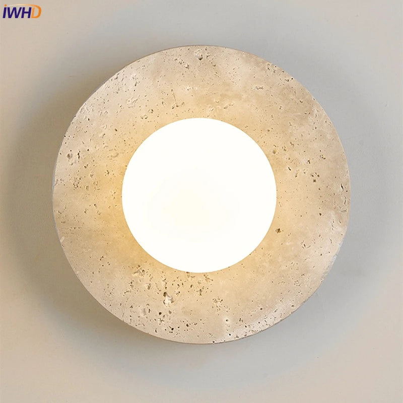 IWHD Modern LED Wall Lamp Yellow Travertine Glass Lampshade Wall Light Indoor Room Decoration Bedside Lighting Applique Murale