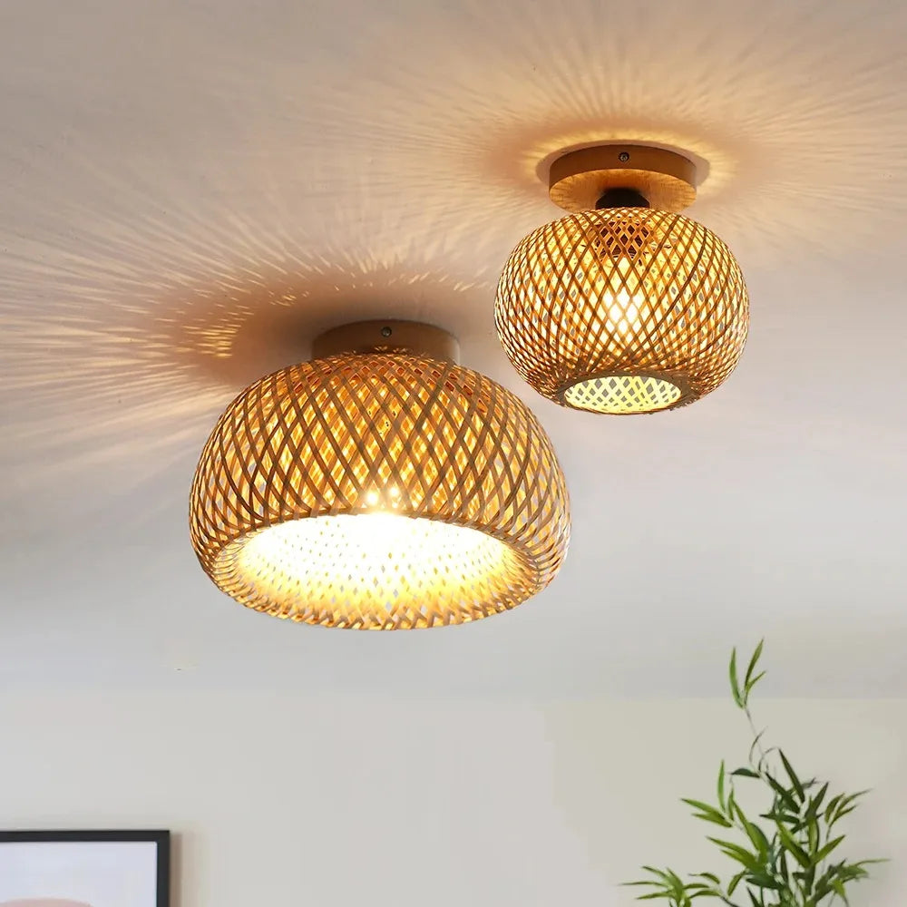 Retro Led Bamboo Woven Ceiling Lamp Corridor Aisle Living Room Ceiling Light E27 Woven Lamps Decorative Fixtures