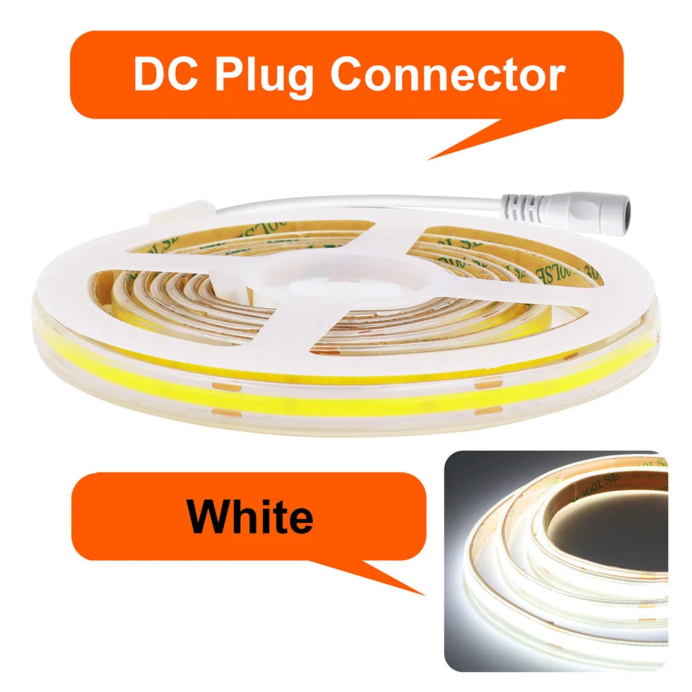 12V / 24V COB LED Strip – 480 LEDs/m, IP67 Options – DC Plug White / 24V 15m