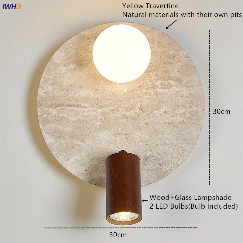 IWHD Modern LED Wall Lamp Yellow Travertine Glass Lampshade Wall Light Indoor Room Decoration Bedside Lighting Applique Murale