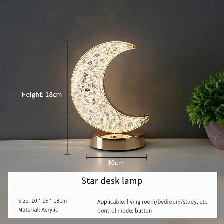 LED Moon Night Light USB Charging Touch Control Diamond Crystal Desk Lamp Bedside Ambient Table for Home Bedroom Decoration