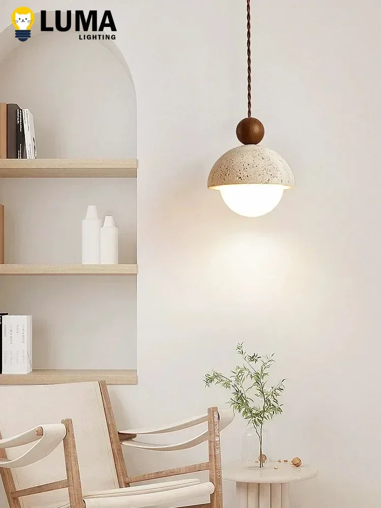 Luma Japanese Style Yellow Travertine Pendant Light, Wabi-Sabi Stone Chandeliers for Kitchen Island Bedroom Bedside Home Decor