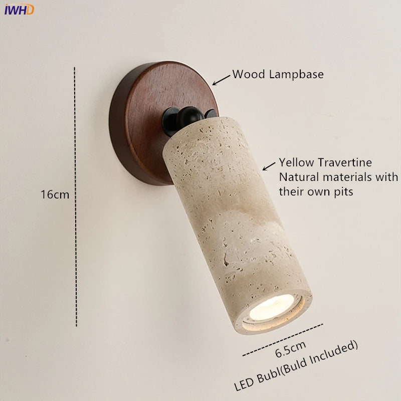 IWHD Modern LED Wall Lamp Yellow Travertine Glass Lampshade Wall Light Indoor Room Decoration Bedside Lighting Applique Murale