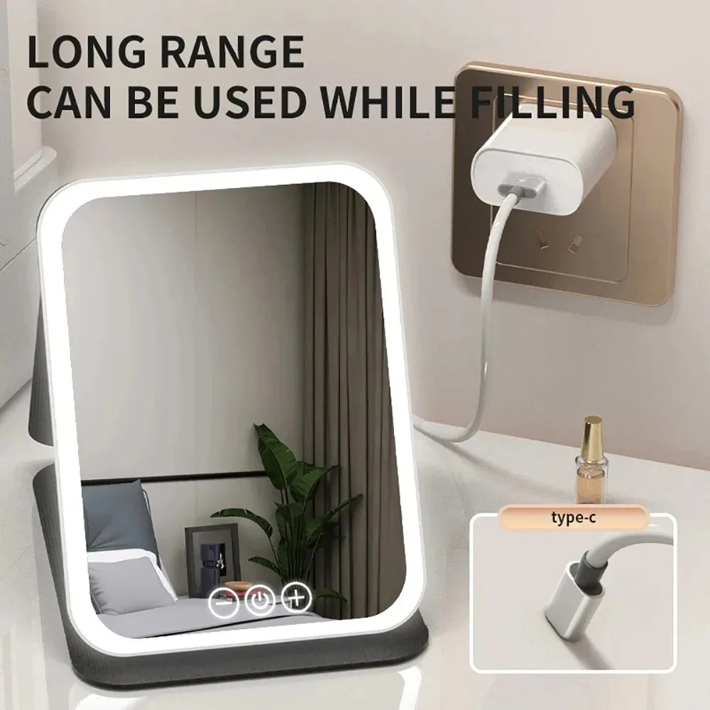 USB Rechargeable 3 Colors LED Makeup Mirror Pocket Mirror Touch Dimmable 3 Brightness Foldable for Travel Office Home