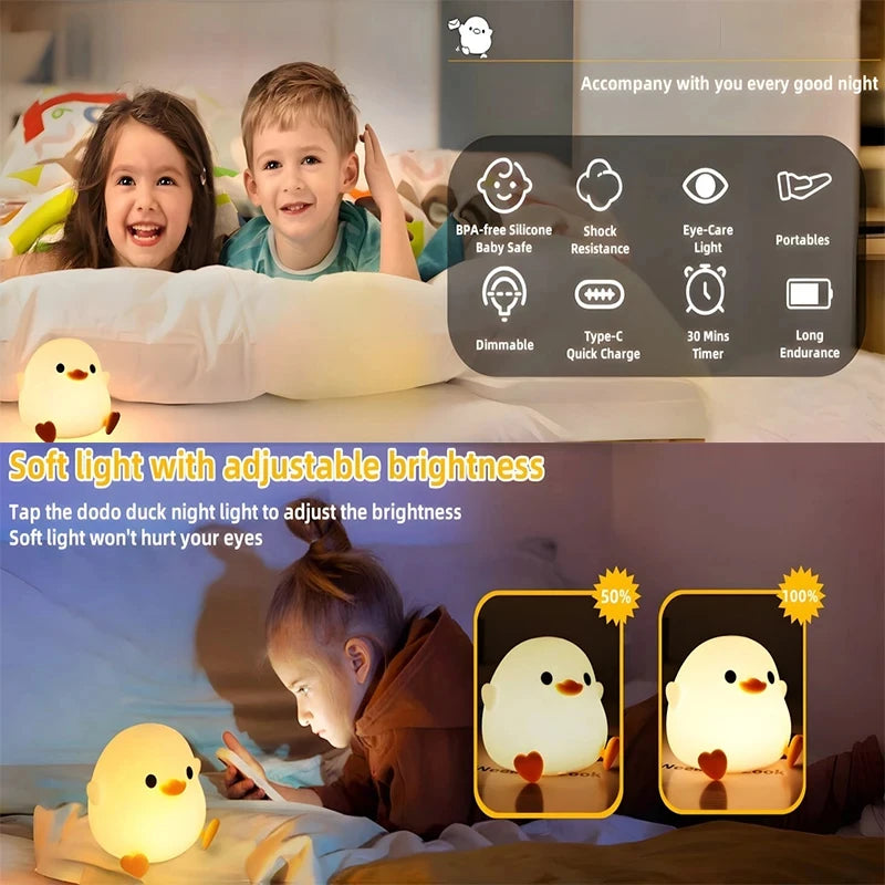 LED Night Light Cute Duck Cartoon Animals Silicone Lamp for Children Kid Touch Sensor Timing USB Rechargeable for Birthday Gifts