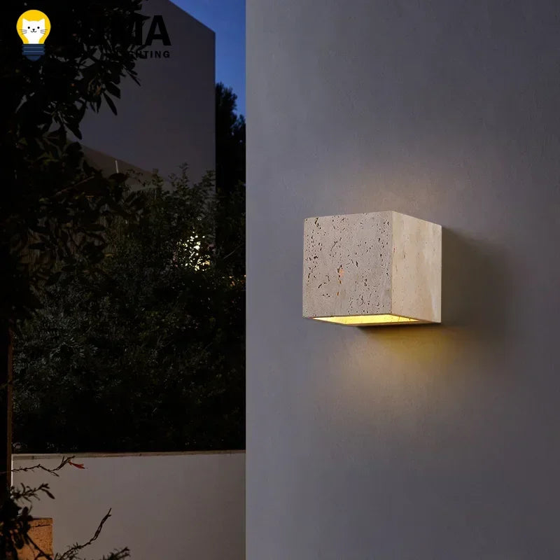 Luma Square Shape Yellow Travertine Wall Lamp for Outdoor Waterproof Courtyard Sconce Hallway Stairs Bathroom Stone Wall Lamp