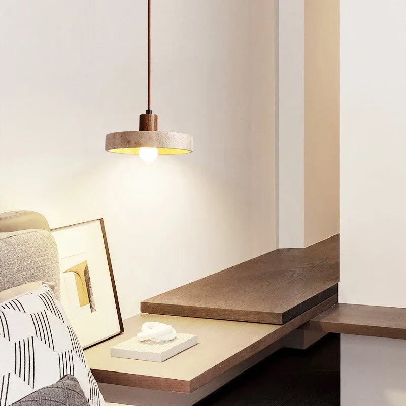 Natural Stone Pendant Light with E27 Bulb Travertine Hanging Lamp Ceiling Suspension for Kitchen Living Dining Room Bedroom