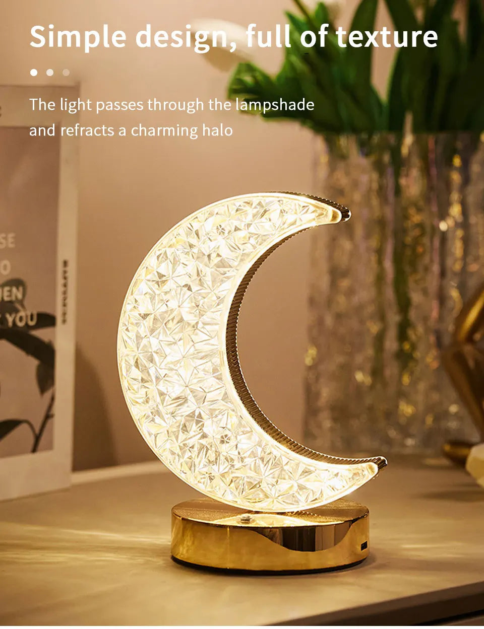 LED Moon Night Light USB Charging Touch Control Diamond Crystal Desk Lamp Bedside Ambient Table for Home Bedroom Decoration