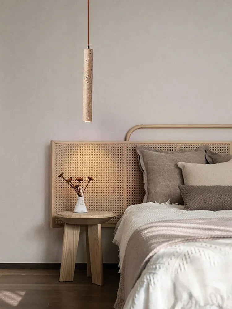 Led Pendant Lamp Long Tube Wood Ceiling Lamp Japan Style Quiet Wind Bedroom Bedside Chandelier Retro Modern travertine  lighting