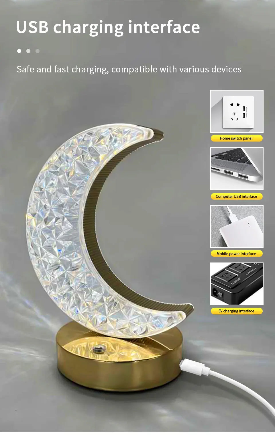 LED Moon Night Light USB Charging Touch Control Diamond Crystal Desk Lamp Bedside Ambient Table for Home Bedroom Decoration