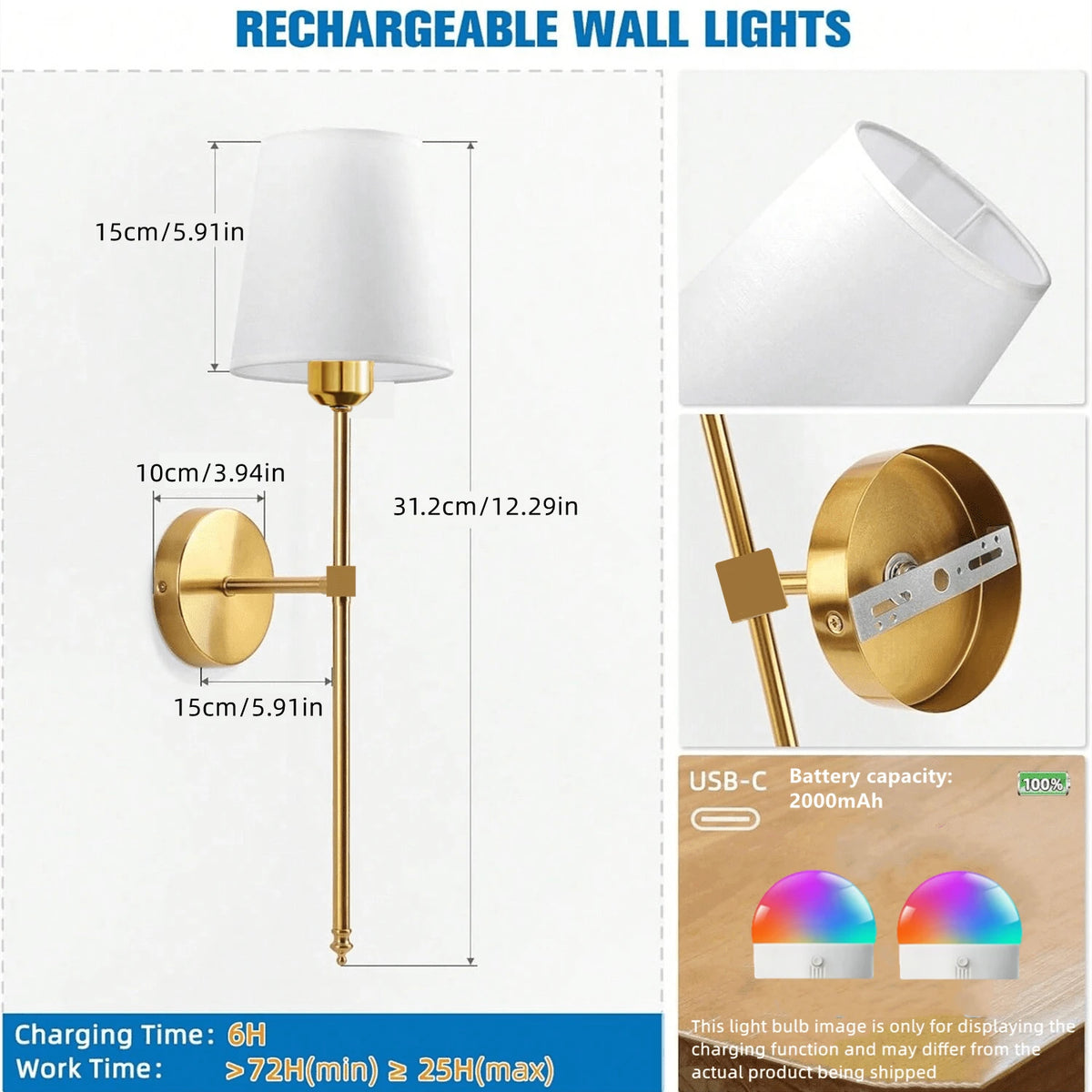 Wireless Battery Powered Wall Lamp Rechargeable Wall Lamp Dimmable Detachable Bulb Remote Control 15 Color Wireless Wall Lamp