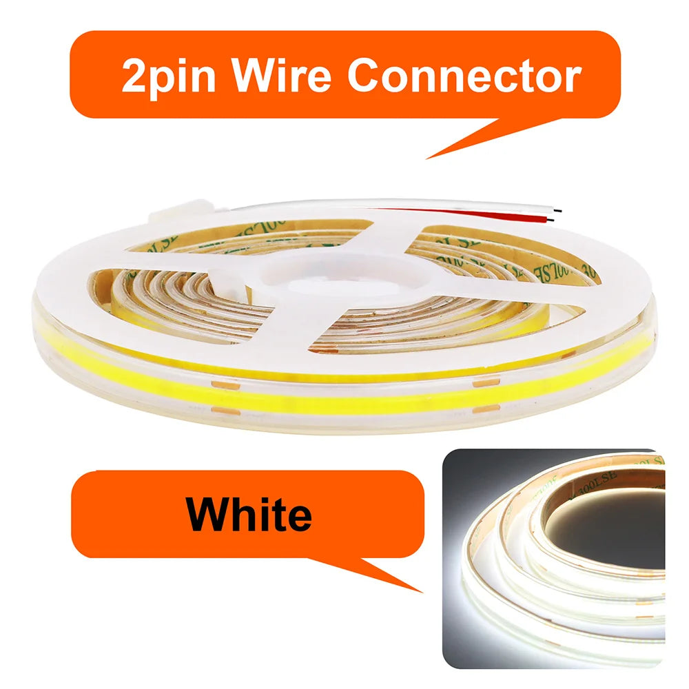 12V / 24V COB LED Strip – 480 LEDs/m, IP67 Options – 2pin Wire White / 12V 2m