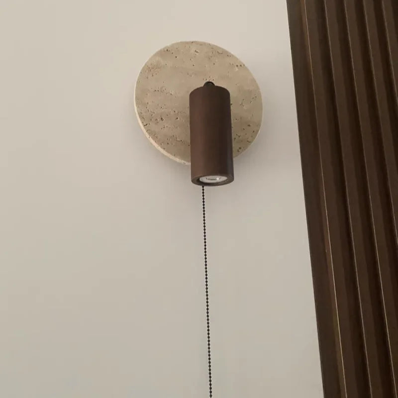 IWHD Wood LED Wall Lamp Sconce Pull Chain Aisle Bedroom Rotate Yellow Travertine Nordic Modern 2 Lighting Bathroom Mirror Light