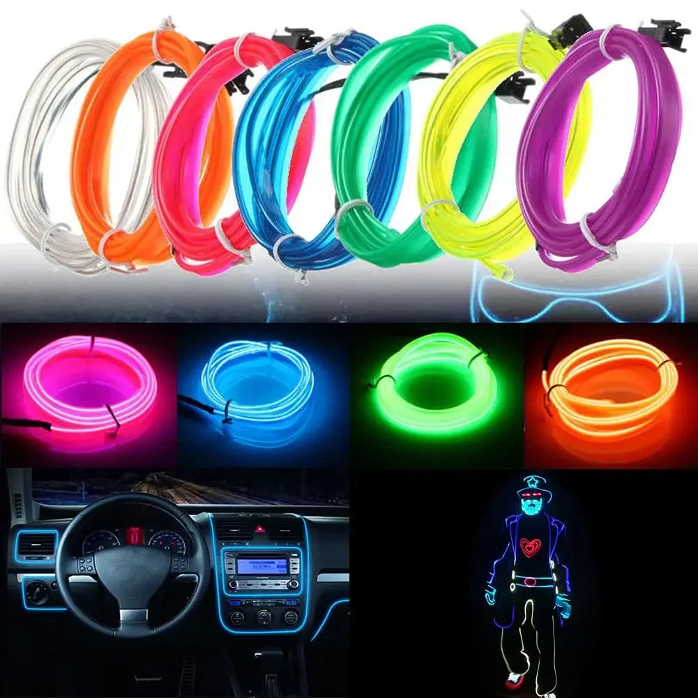 5M Car Interior LED Strip Light EL Wire Neon Ambient Lighting USB Flexible Decoration DIY Auto Party Atmosphere Lamp Diode
