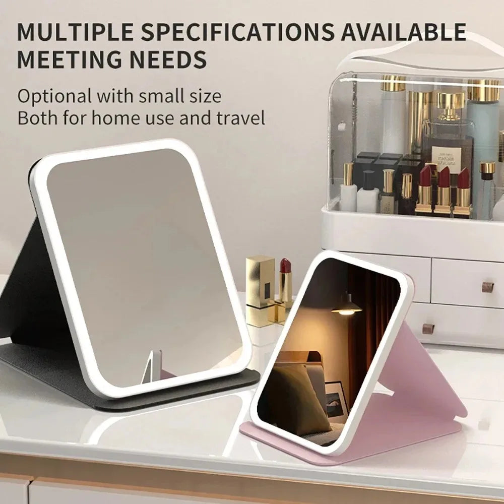 USB Rechargeable 3 Colors LED Makeup Mirror Pocket Mirror Touch Dimmable 3 Brightness Foldable for Travel Office Home