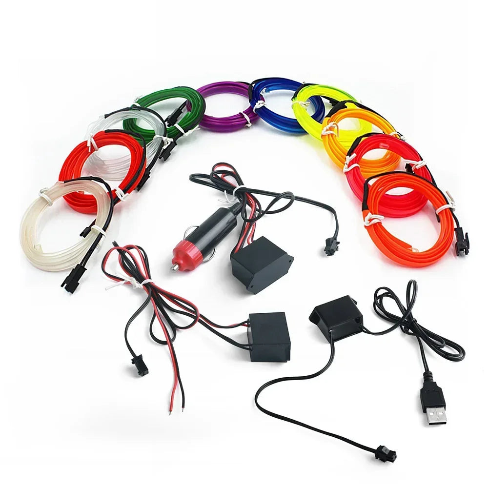 5M Car Interior LED Strip Light EL Wire Neon Ambient Lighting USB Flexible Decoration DIY Auto Party Atmosphere Lamp Diode