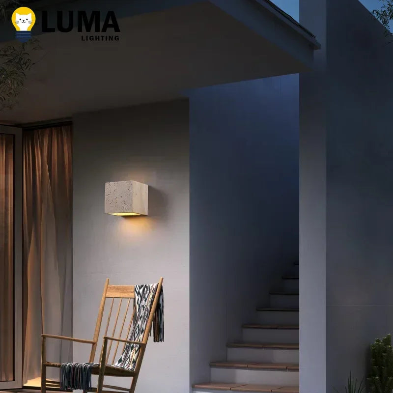 Luma Square Shape Yellow Travertine Wall Lamp for Outdoor Waterproof Courtyard Sconce Hallway Stairs Bathroom Stone Wall Lamp