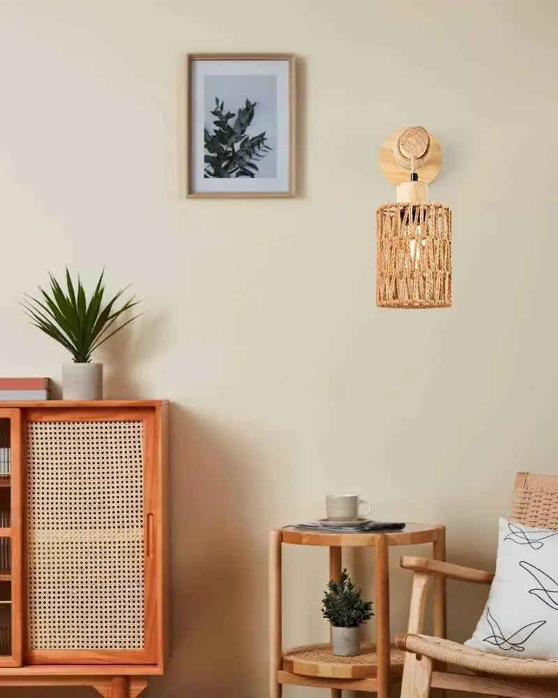 Hemp Rope Design Bedhead Wall Lamp Cylindrical Shaped Wall Light for Bedroom Farmhouse Countryside Decorative Lighting Lampshade