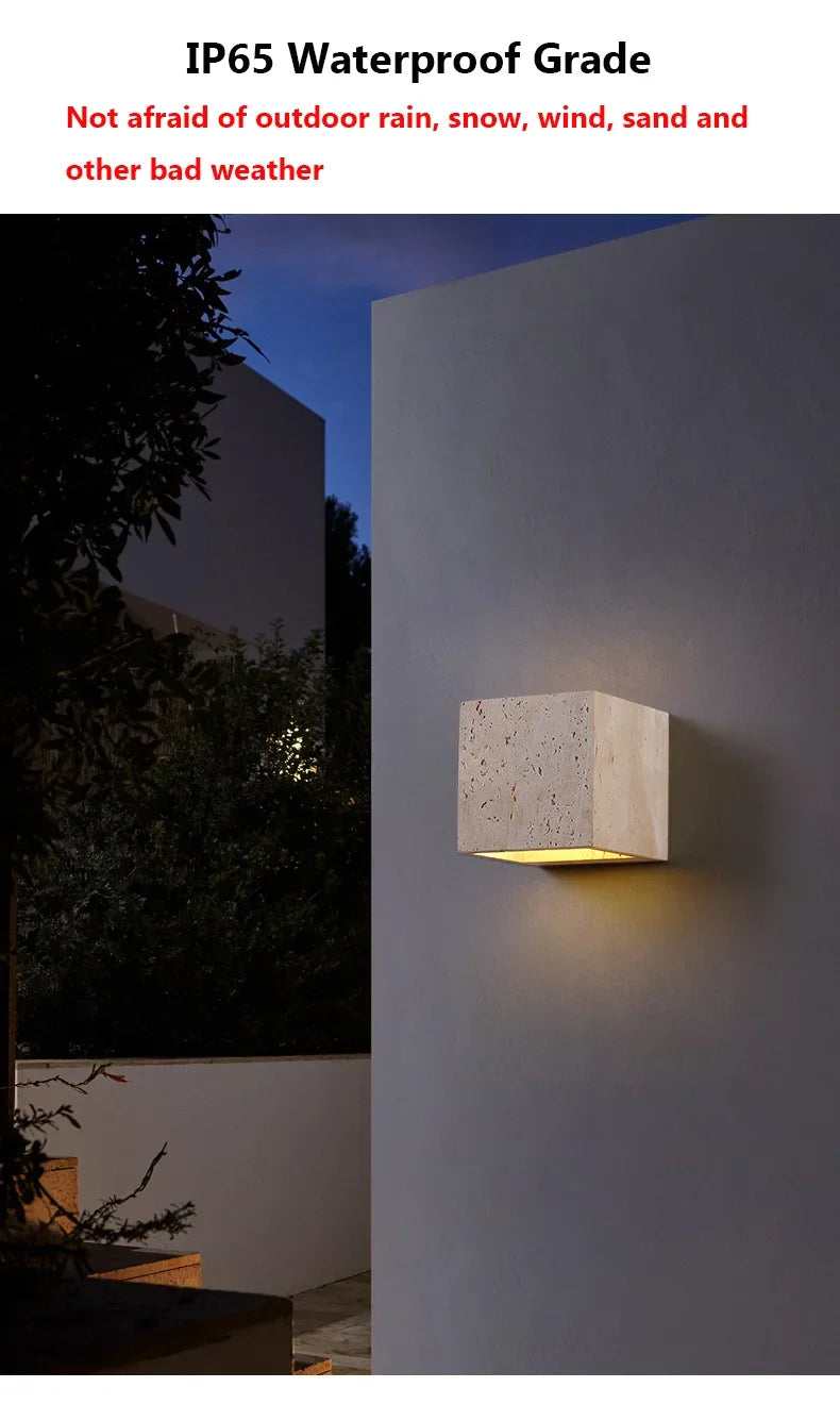 Luma Square Shape Yellow Travertine Wall Lamp for Outdoor Waterproof Courtyard Sconce Hallway Stairs Bathroom Stone Wall Lamp