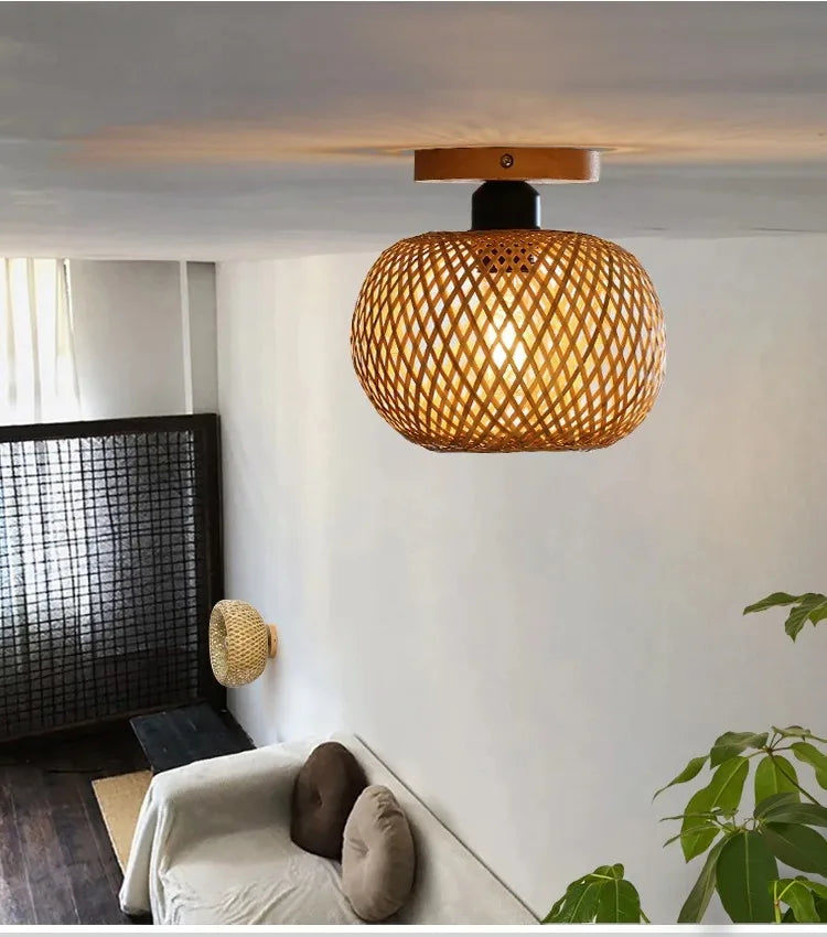 Retro Led Bamboo Woven Ceiling Lamp Corridor Aisle Living Room Ceiling Light E27 Woven Lamps Decorative Fixtures